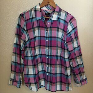 Talbots Plaid Shirt Mp Aqua Blue Pink Fuchsia Beige Button Front Cotton Blouse